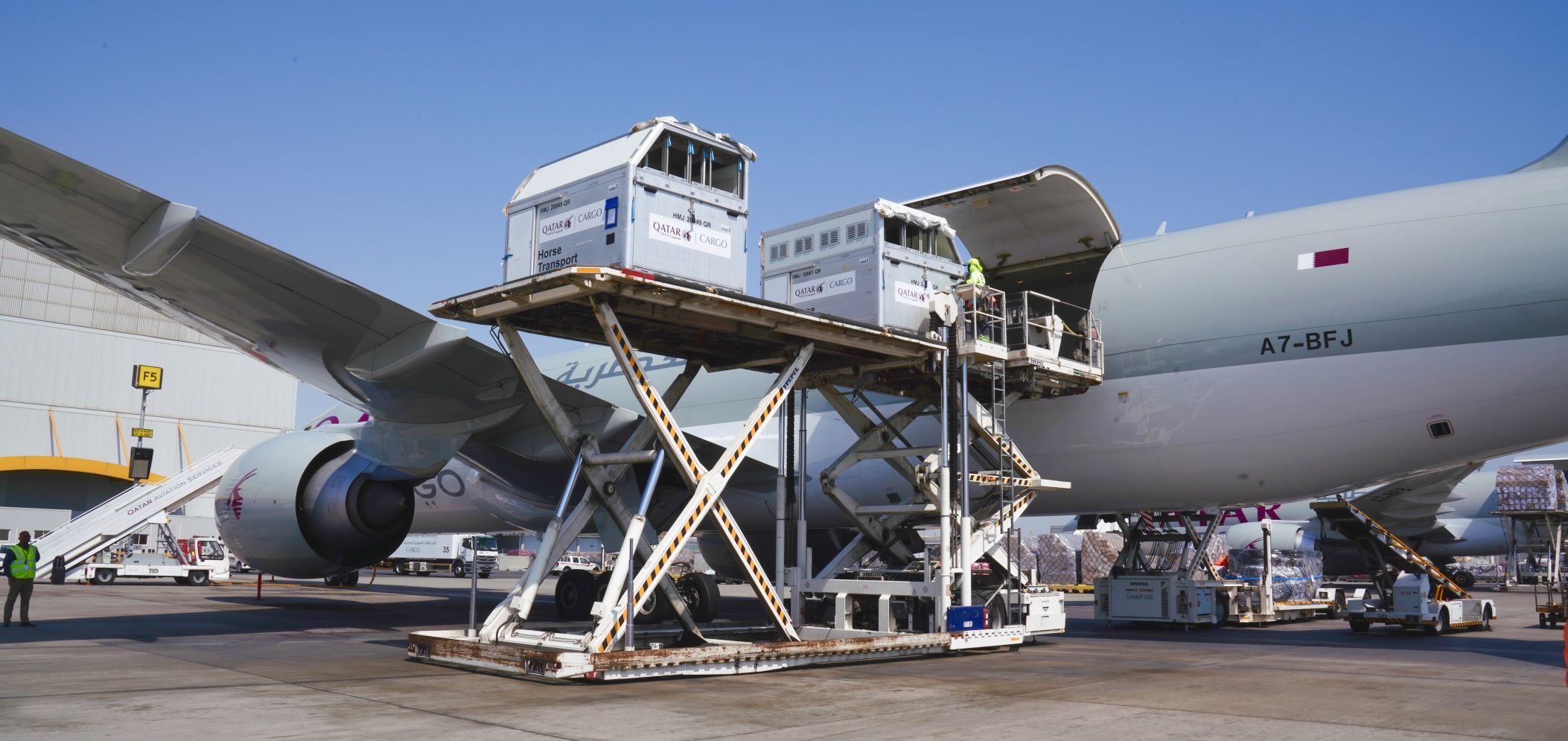 Qatar cargo horse transport ULD on highloader-1